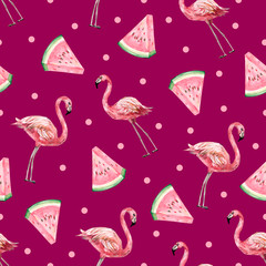 Fototapete Flamingomuster Aquarell Flamingos mit Sommerfrüchten  © Anna
