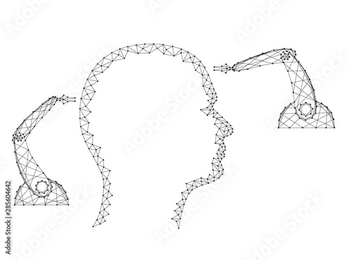 Neurosurgery of the human head medical by robotic arms manipulator innovative concept from abstract polygonal black lines and dots. Vector illustration.