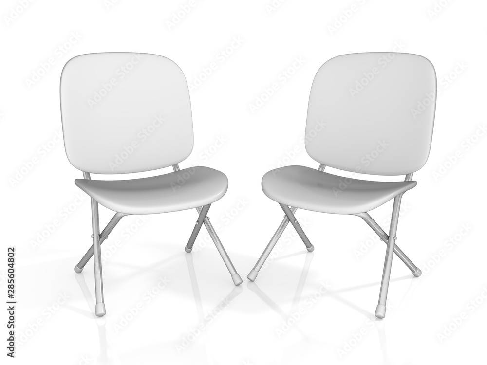 Two folding chair with white seat and back. 3d illustration Two folding chair with white seat and back. 3d illustration