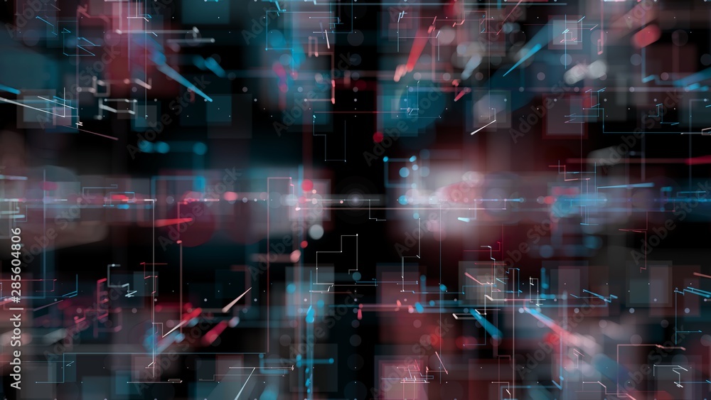 3D rendering, abstract geometric background, Line and Bokeh is blue and red colour, architectural design chart, Big Data connection and technology