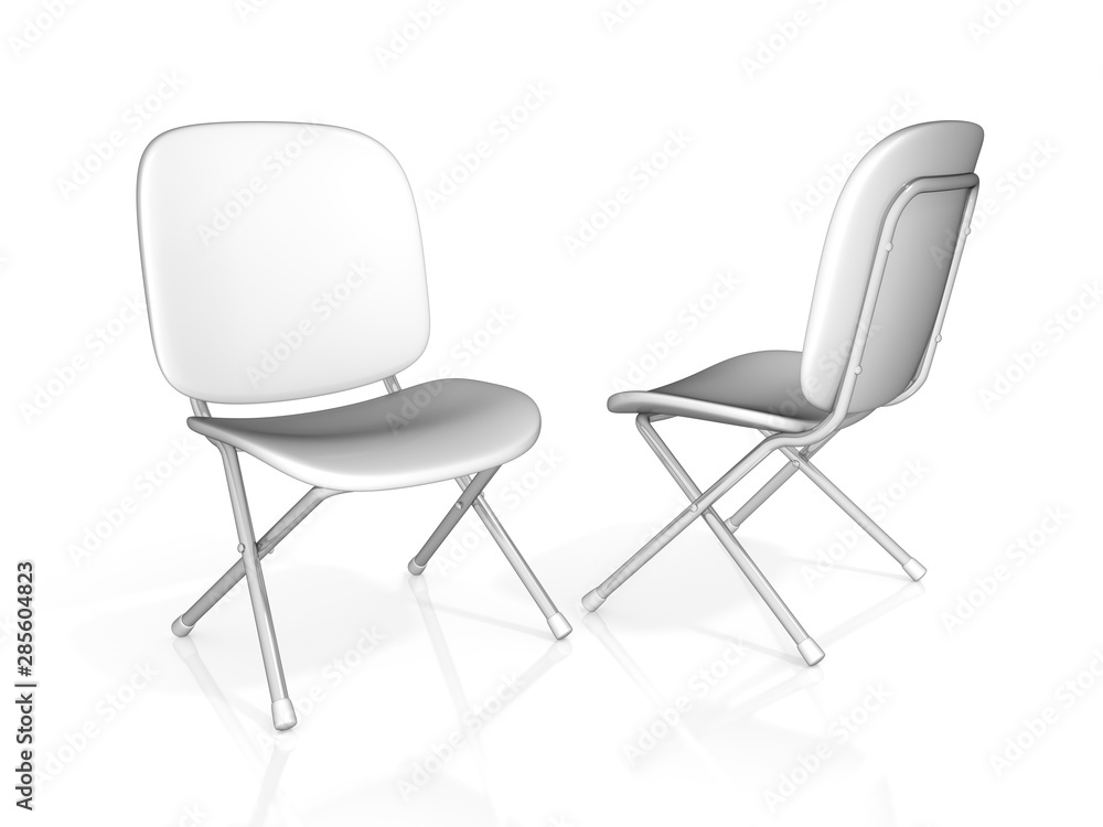 Two folding chair with white seat and back. 3d illustration Two folding chair with white seat and back. 3d illustration
