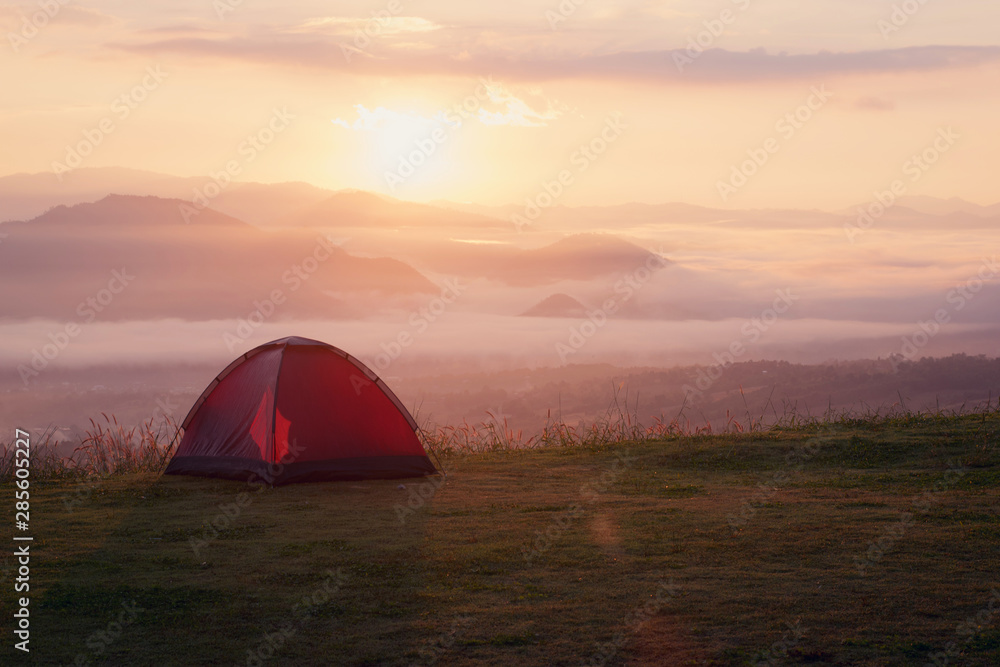 Outdoor camping tent among meadow on mountain during sunset at Yun Lai Viewpoint  Pai town   Mae Hong Son in Thailand. This is very popular for photographers and tourists.