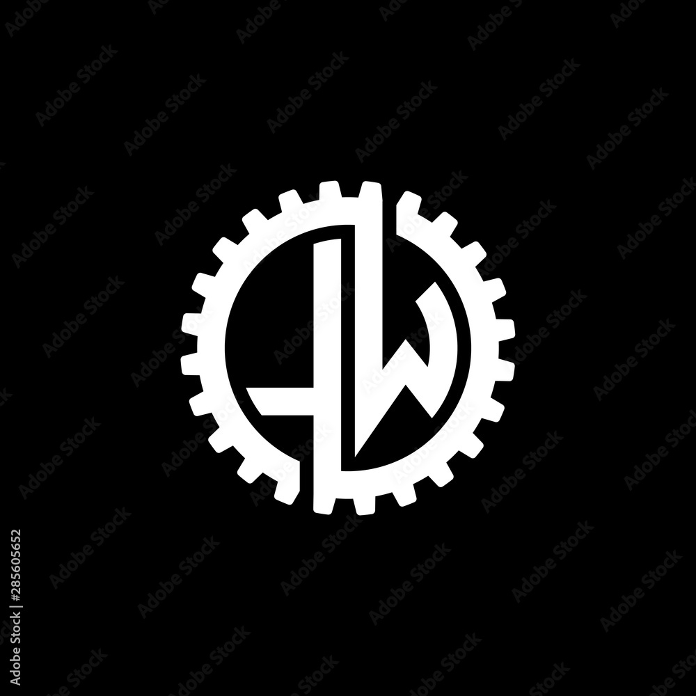 Initial letter L and W, LW, interlock cogwheel gear monogram logo, white color on black background Initial letter L and W, LW, interlock cogwheel gear monogram logo, white color on black background