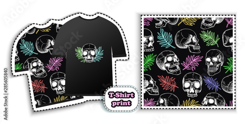 Human skulls, palm leaves seamless pattern for t-shirt prints. Print for clothes, textiles, bags or postcards, covers, paintings..
