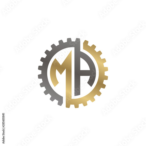 Initial letter M and A, MA, interlock cogwheel gear logo, black gold on white background