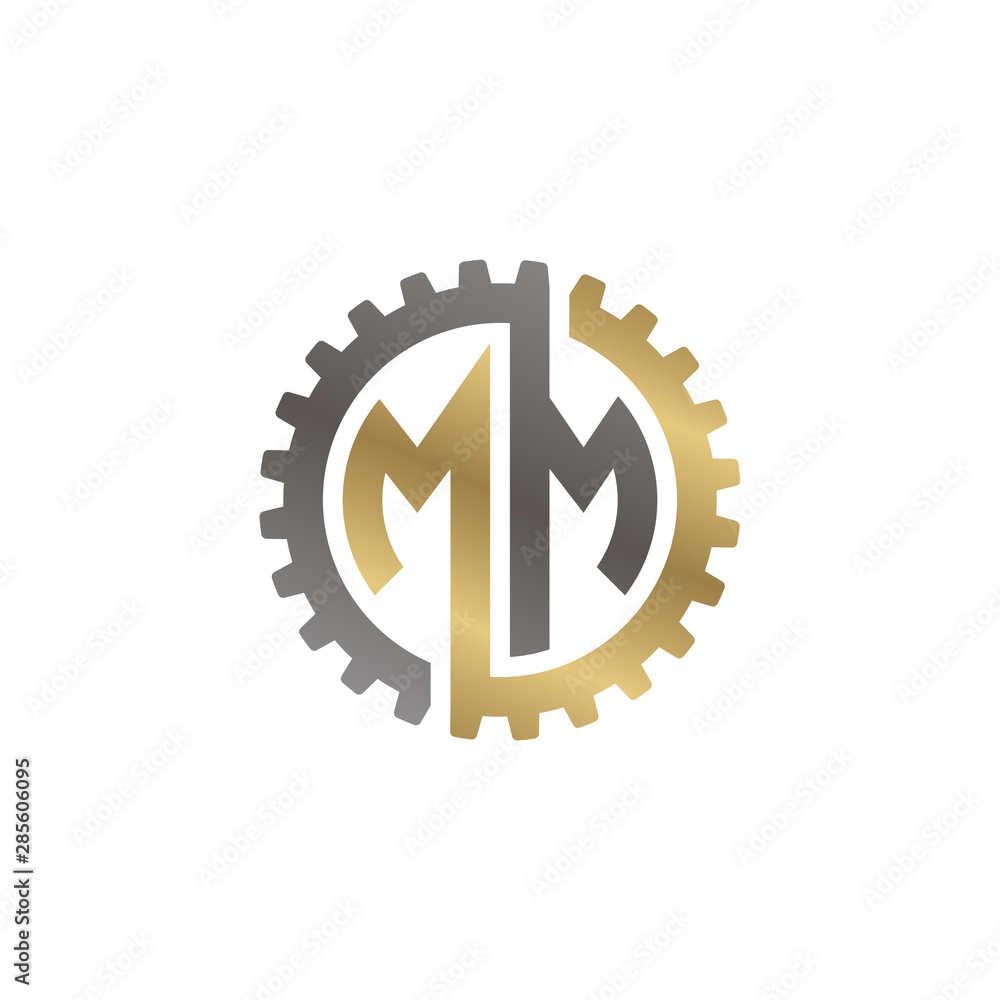 Initial letter M and M, MM, interlock cogwheel gear logo, black gold on white background Initial letter M and M, MM, interlock cogwheel gear logo, black gold on white background