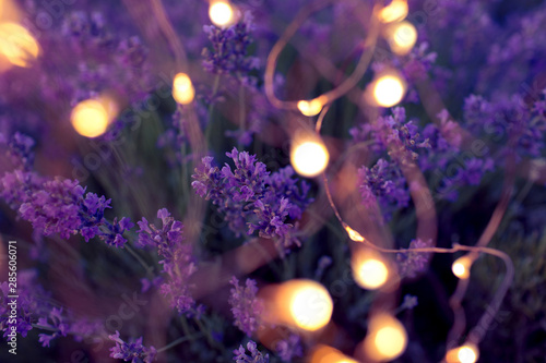 Lavender background with golden bokeh circles. Copy space for your text. Flat lay style. Top view.
