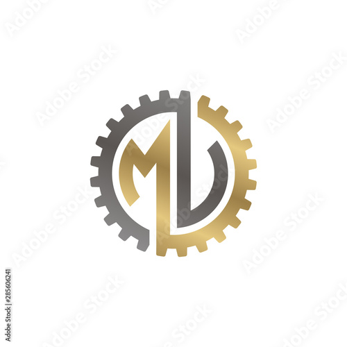 Initial letter M and U, M and V, MU, MV, interlock cogwheel gear logo, black gold on white background