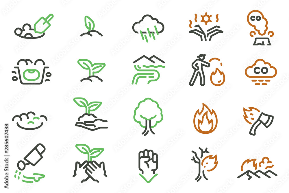 The grow seed of plant after wildfire (line icon style). A causes and Controlling the fire to not burn the forest.