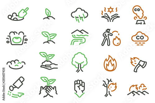 The grow seed of plant after wildfire (line icon style). A causes and Controlling the fire to not burn the forest.