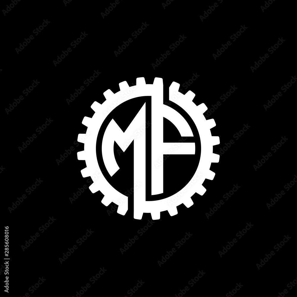 Initial letter M and F, MF, interlock cogwheel gear monogram logo, white color on black background Initial letter M and F, MF, interlock cogwheel gear monogram logo, white color on black background