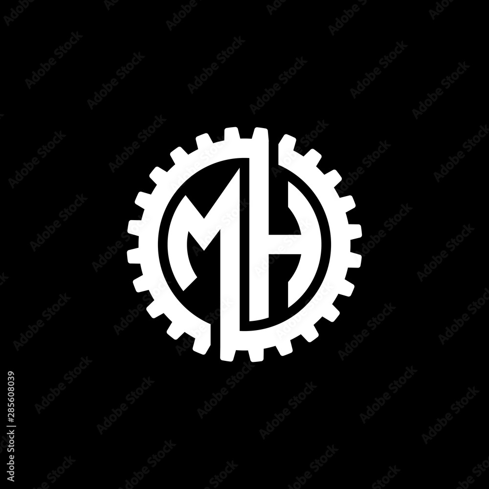 Initial letter M and H, MH, interlock cogwheel gear monogram logo, white color on black background Initial letter M and H, MH, interlock cogwheel gear monogram logo, white color on black background