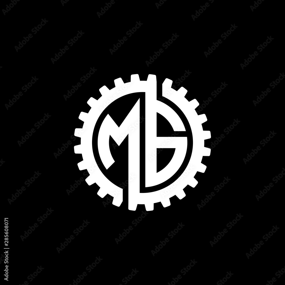 Initial letter M and G, MG, interlock cogwheel gear monogram logo, white color on black background Initial letter M and G, MG, interlock cogwheel gear monogram logo, white color on black background