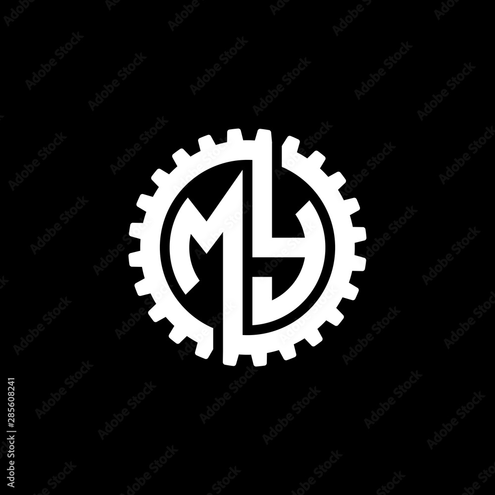Initial letter M and Y, MY, interlock cogwheel gear monogram logo, white color on black background Initial letter M and Y, MY, interlock cogwheel gear monogram logo, white color on black background