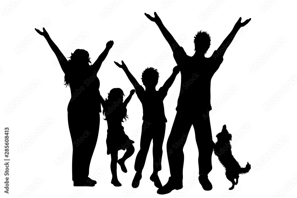 Vector silhouette of family with dog on white background. Symbol of mother, father, child,husband, wife,daughter,animal, pet,happy.