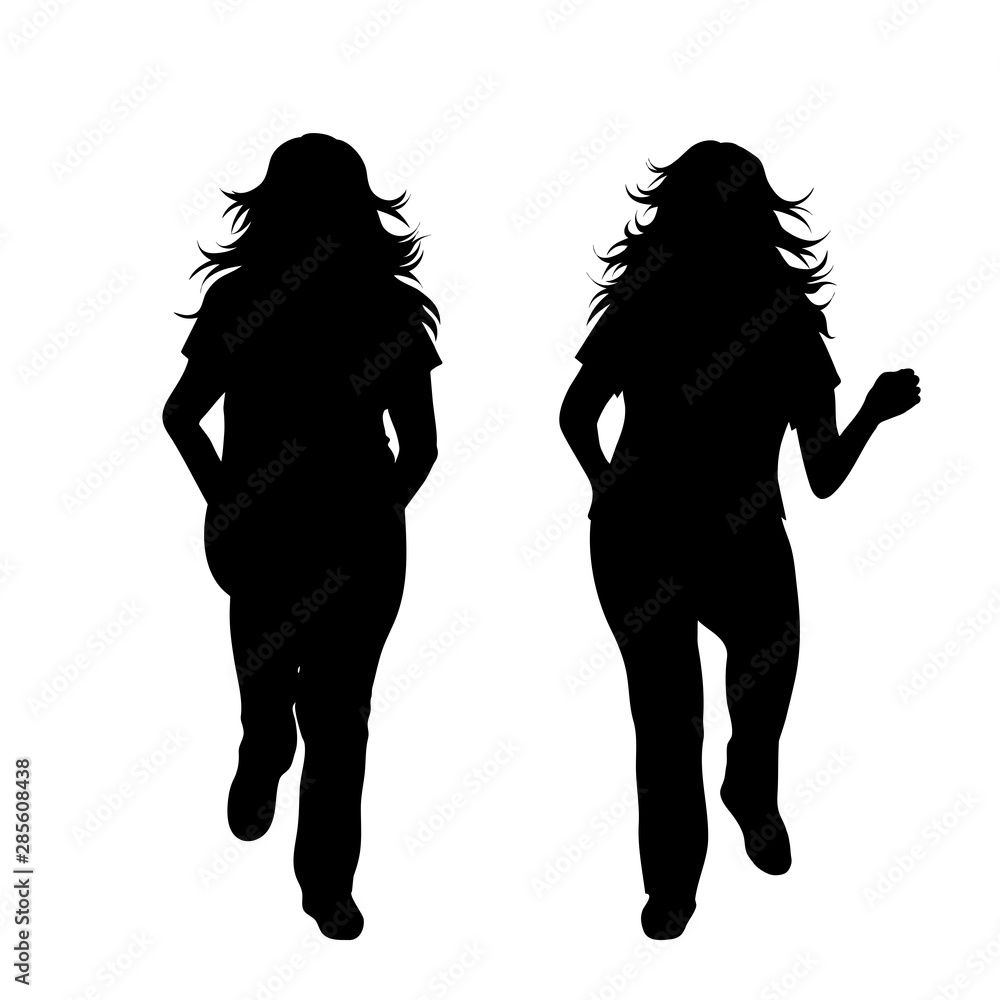 Vector silhouette of woman who running on white background. Symbol of sport, healthy, diet, friends.
