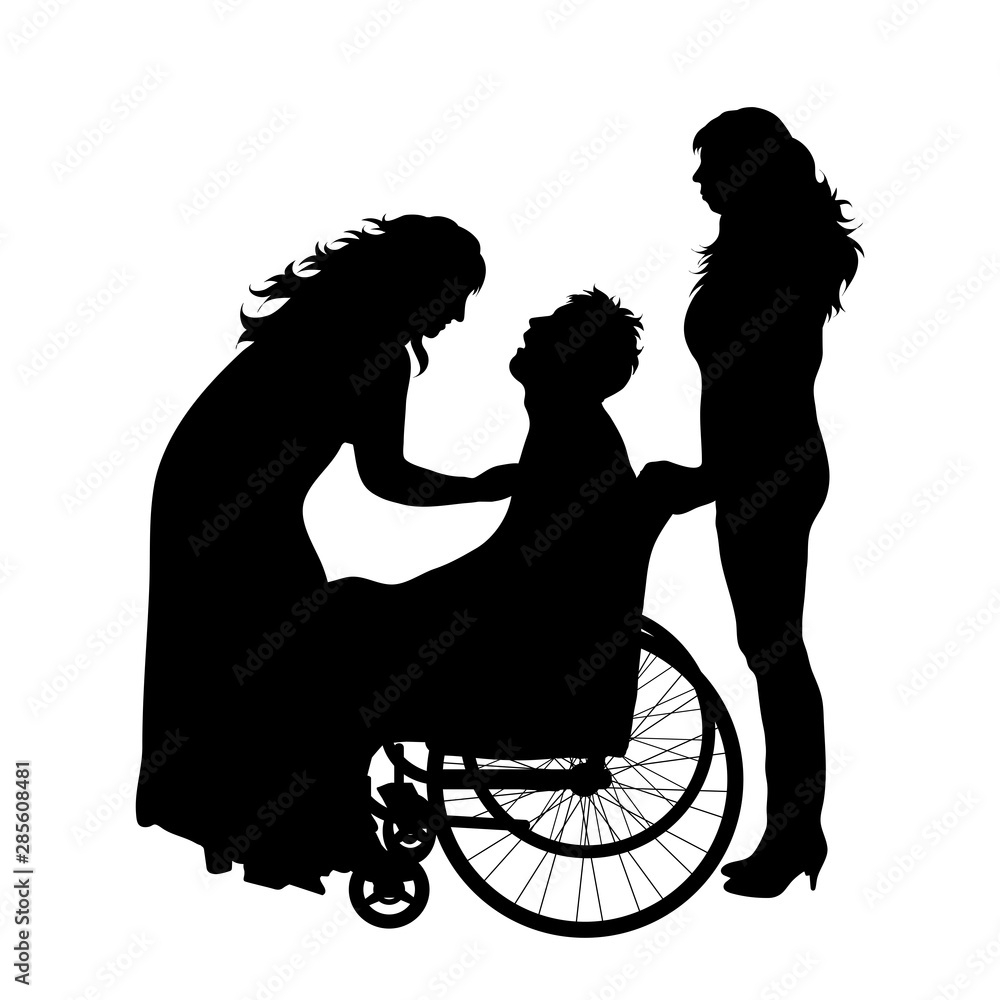 Vector silhouette of handicapped man on wheelchair with family on white ...