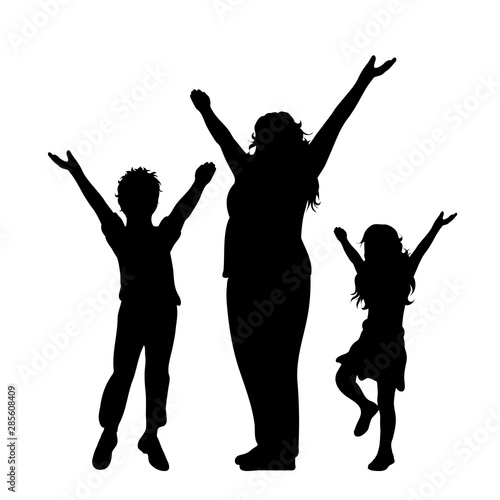 Vector silhouette of mother with her children on white background. Symbol of family, daughter,son,siblings, happy,sport.