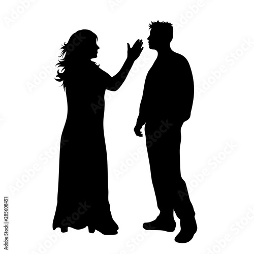 Vector silhouette of couple on white background. Symbol of wife, husband,violence, slap,aggression,conflict.