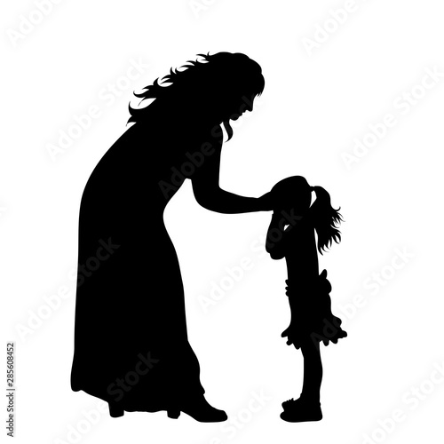 Vector silhouette of woman with her daughter on white background. Symbol of family, mother, daughter, maternity,care.