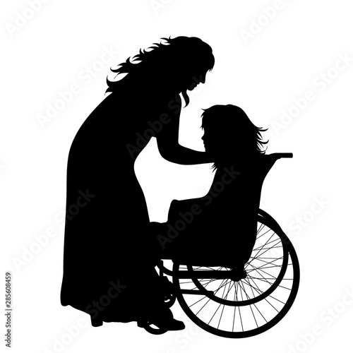 Vector silhouette of mother with her daughter who is on wheelchair on white background. Symbol of family, daughter, maternity,care, healthy,disabled, handicap.