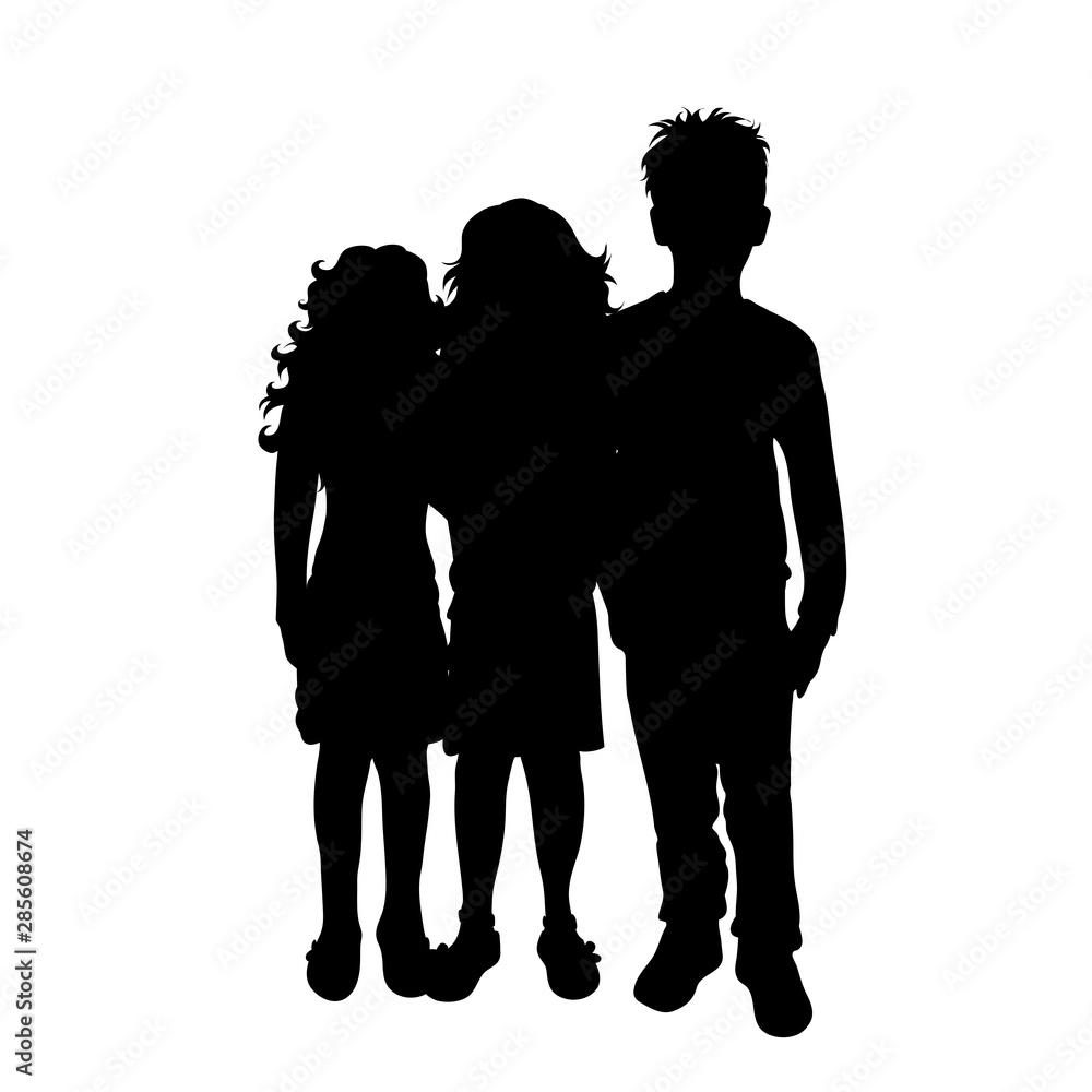 Vector silhouette of children´s friends on white background. Symbol of child, girl,siblings,sister,boy, brother.