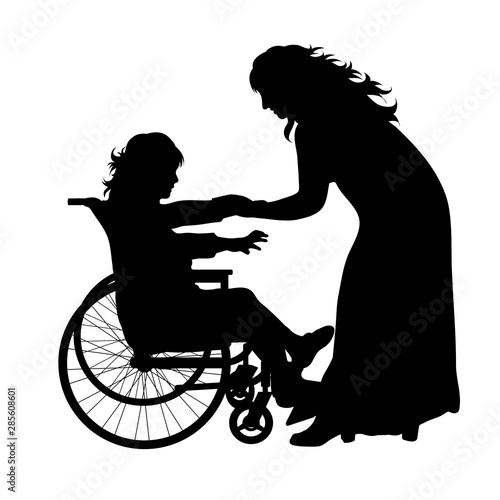 Vector silhouette of mother with her daughter who is on wheelchair on white background. Symbol of family, daughter, maternity,care, healthy,disabled, handicap.