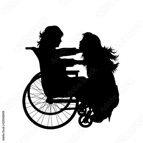 Vector silhouette of mother with her daughter who is on wheelchair on white background. Symbol of family, daughter, maternity,care, healthy,disabled, handicap.