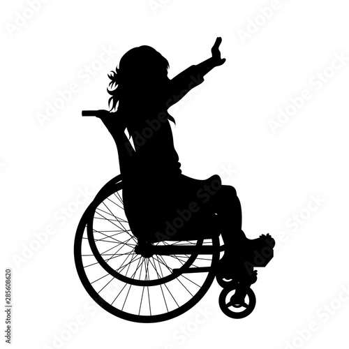 Vector silhouette of child on wheelchair on white background. Symbol of disabled, handicap,accident, injured,girl.