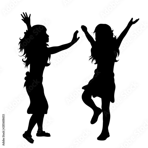 Vector silhouette of children´s friends on white background. Symbol of child, girl,siblings,sister,free, funny.
