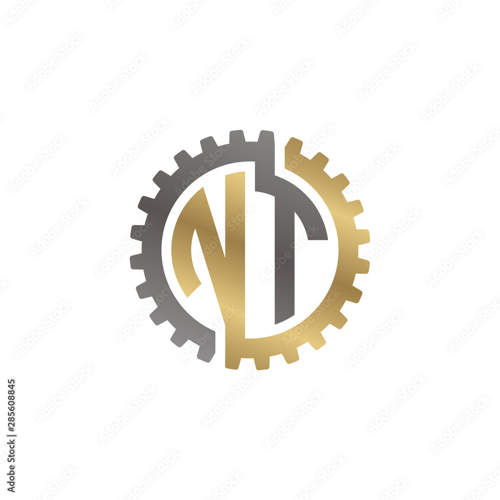 Initial letter N and T, NT, interlock cogwheel gear logo, black gold on white background Initial letter N and T, NT, interlock cogwheel gear logo, black gold on white background