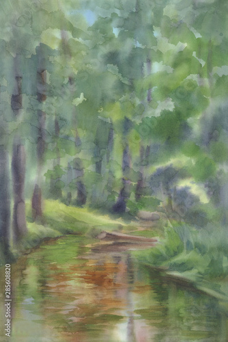Forest landscape with a river watercolor background. Green summer