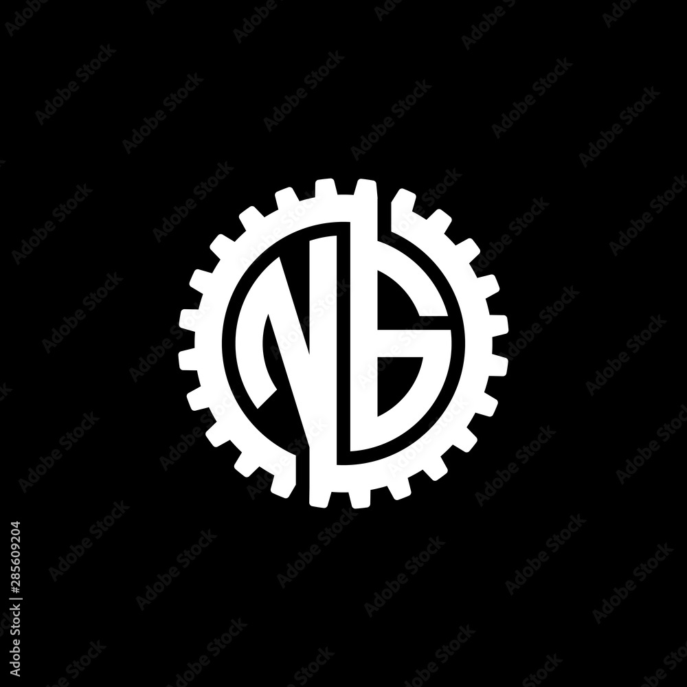 Fototapeta premium Initial letter N and G, NG, interlock cogwheel gear monogram logo, white color on black background