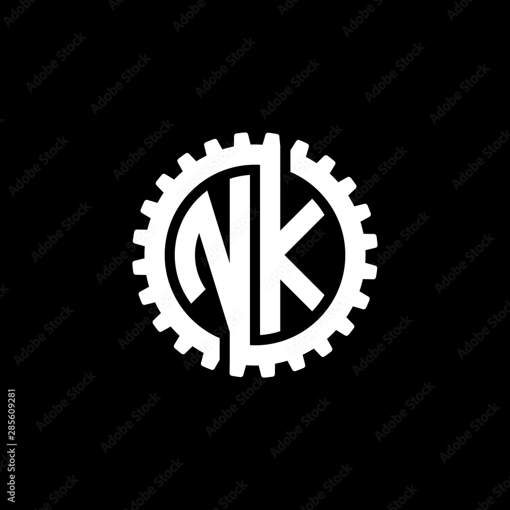 Initial letter N and K, NK, interlock cogwheel gear monogram logo, white color on black background Initial letter N and K, NK, interlock cogwheel gear monogram logo, white color on black background