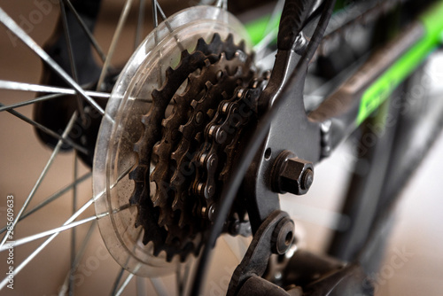 Close up of bicycle wheel with gears details