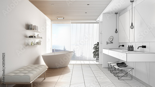 Architect interior designer concept: unfinished project that becomes real, luxury modern bathroom with parquet and wooden celiling, bathtub, shower and sink, architecture concept idea photo