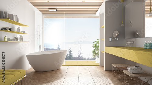 Luxury modern white and yellow bathroom with parquet floor and wooden celiling  big panoramic window on sea panorama  bathtub  shower and double sink  interior design  minimal architecture
