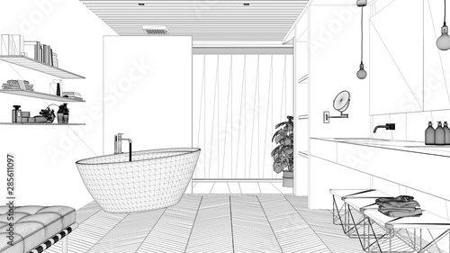 Blueprint project draft, Luxury modern white bathroom with parquet floor and wooden celiling, big window, bathtub, shower and double sink, interior design concept idea photo