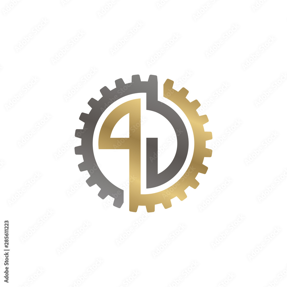 Initial letter P and J, PJ, interlock cogwheel gear logo, black gold on white background Initial letter P and J, PJ, interlock cogwheel gear logo, black gold on white background