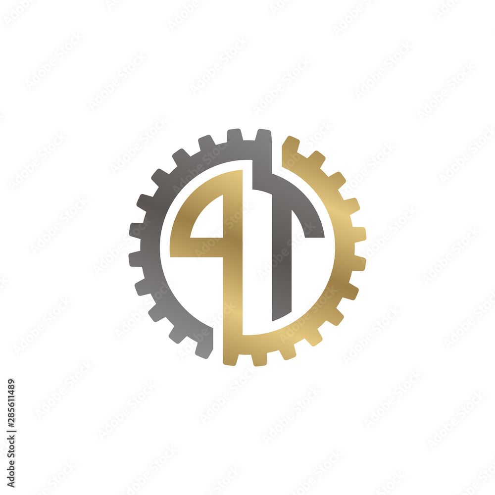 Initial letter P and T, PT, interlock cogwheel gear logo, black gold on white background Initial letter P and T, PT, interlock cogwheel gear logo, black gold on white background