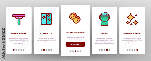 Window Cleaning Onboarding Mobile App Page Screen Vector Thin Line. Wiper Blade And Sponge, Handgear And Washing Agent Spray Cleaning Equipments Linear Pictograms. Concept Illustrations