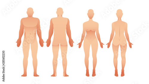 Silhouettes of man and woman front and back view. Vector human body