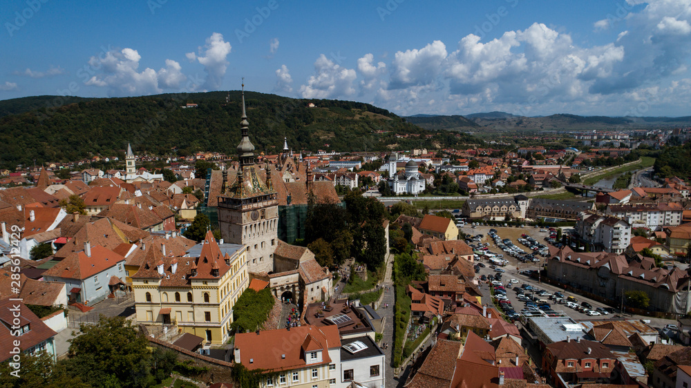 Aerial footage of an old eastern Europe   town on a sunny day