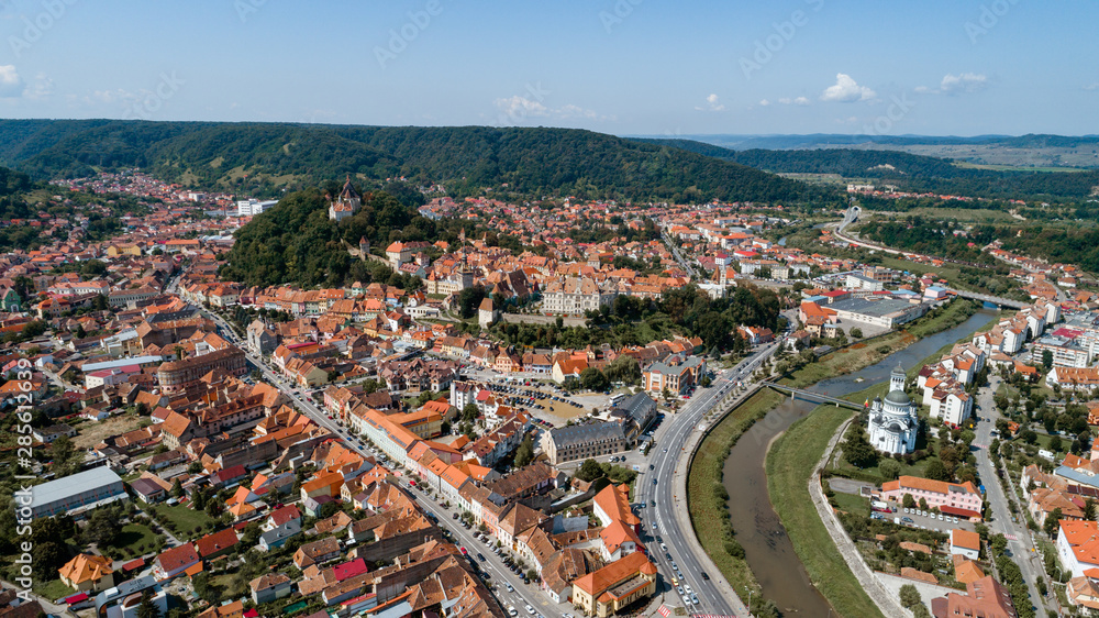 Aerial footage of an old eastern Europe   town on a sunny day