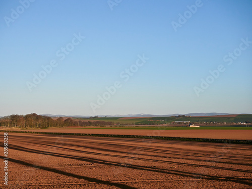 Tree shadows across the red brown earth of a recently ploughed field near to Arbroath, looking towards the Angus Glens in March. Scotland.