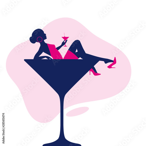 Vector of young woman in elegant dress lying in a glass and drinking a drink. Isolated on white background.