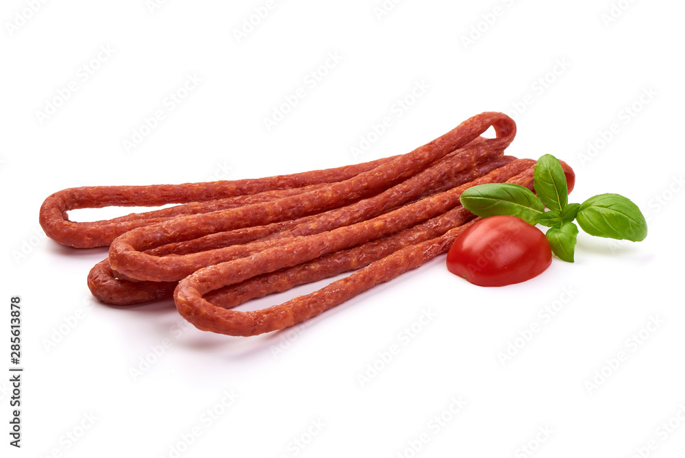Kabanos. Long thin dry sausage, isolated on white background Kabanos. Long thin dry sausage, isolated on white background