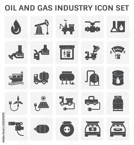 Oil and gas industry icon i.e. global process of exploration, extraction and refinery. Transport by oil tanker and pipeline. Business of petroleum product. Gas station and refuel. Vector icon set.