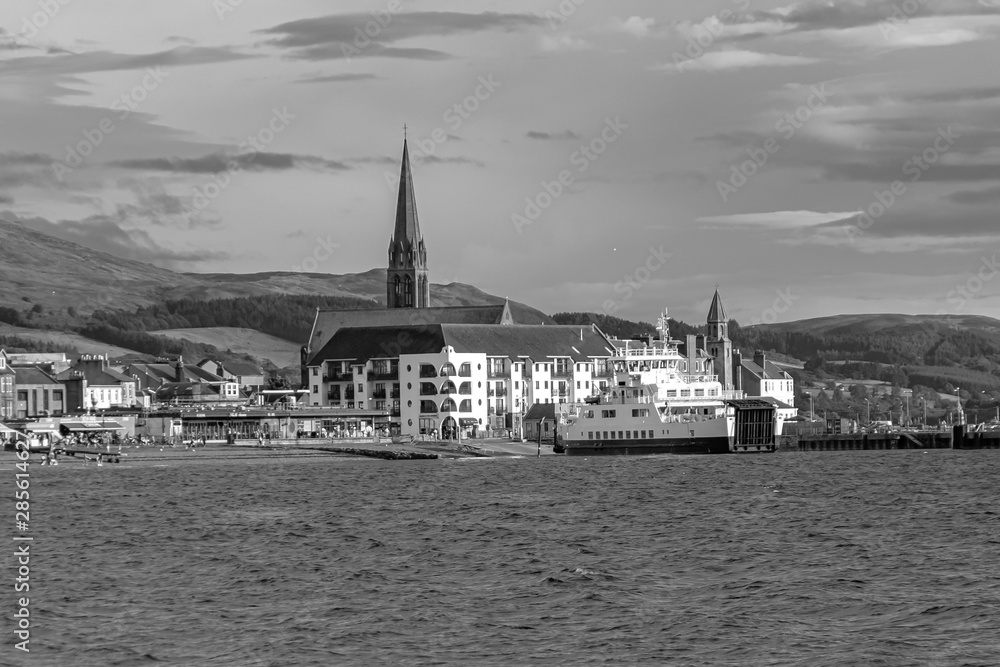 Largs Pier and the Cal-Mac Ferry fronting the Largs Town Centre in Scotland