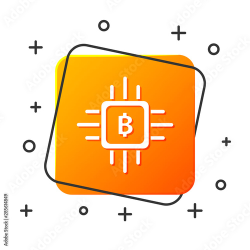 White CPU mining farm icon isolated on white background. Bitcoin sign inside processor. Cryptocurrency mining community. Digital money. Orange square button. Vector Illustration